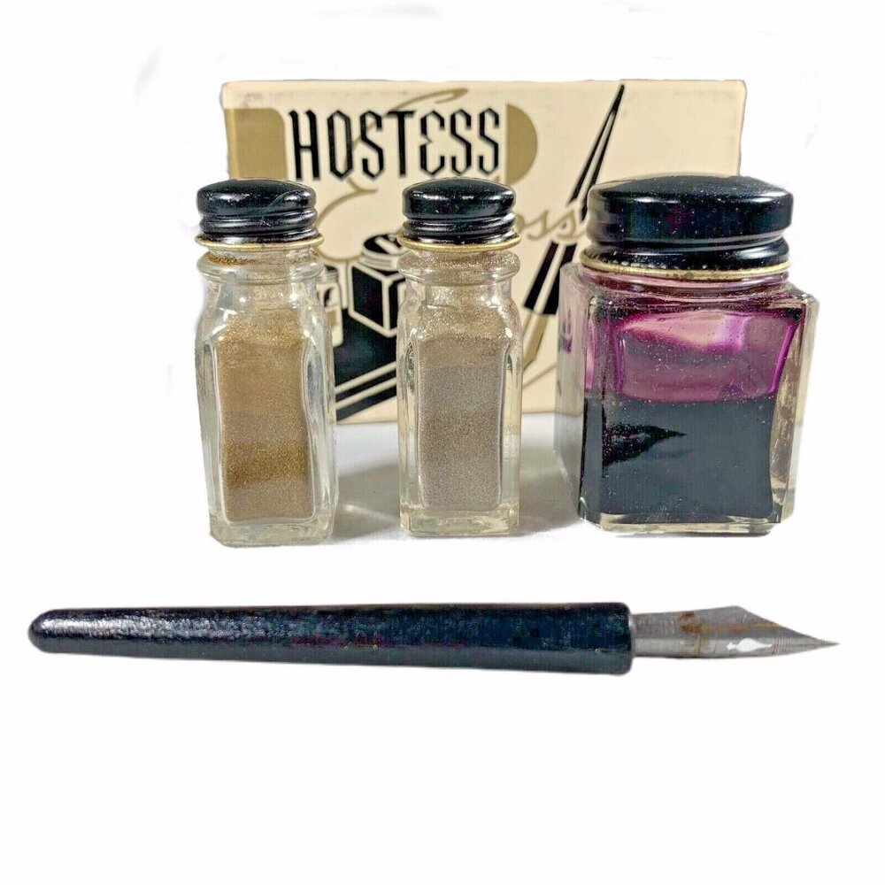 Vtg Hostess Embossing Ink Set Pen Two Gold Silver Powder Bottles Original Box